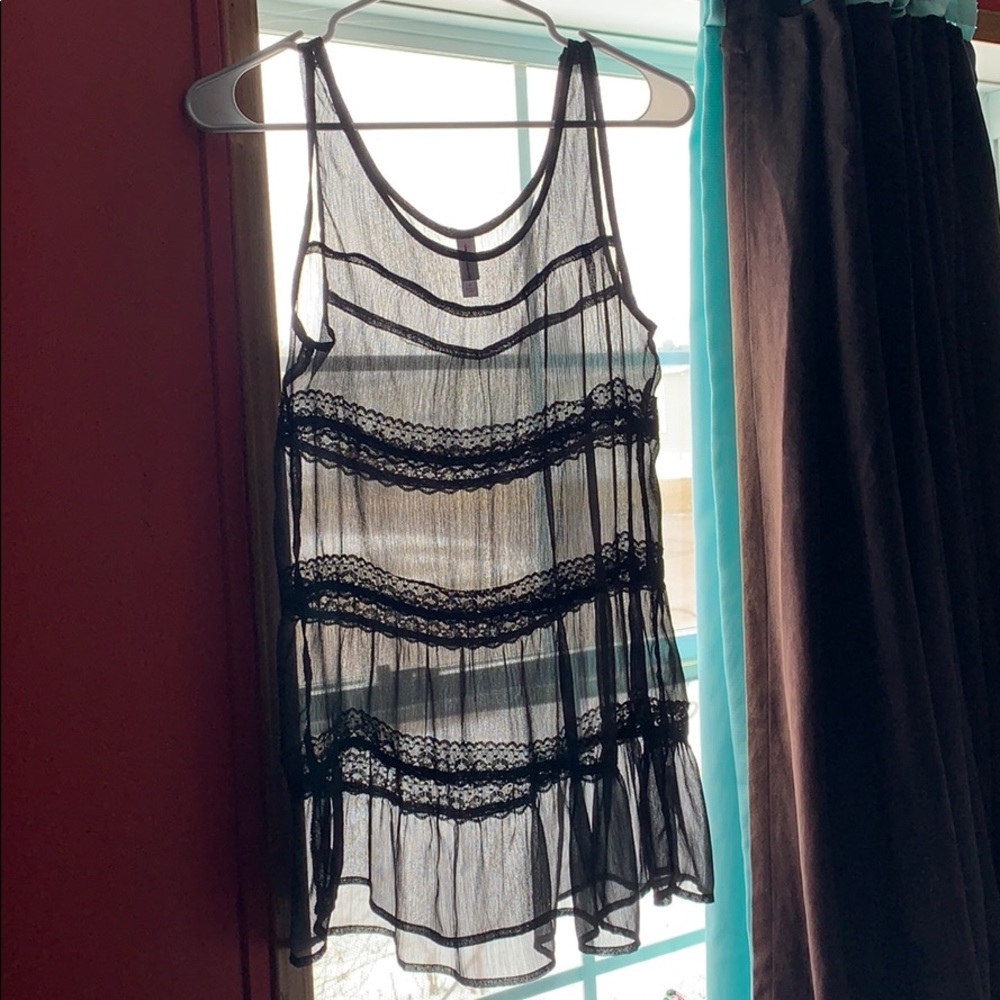 Black sheer tank top with flower belting